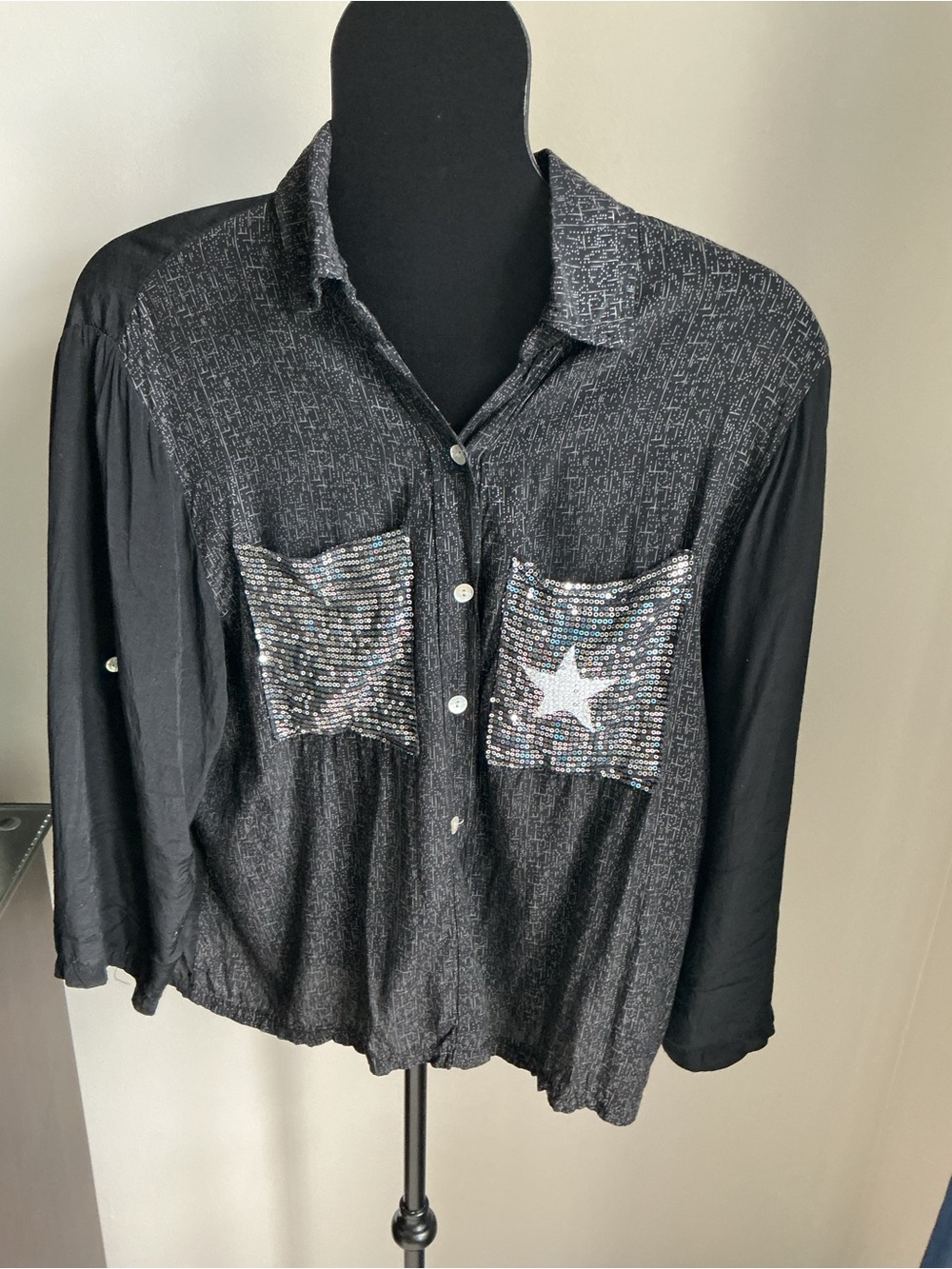 Black Sequin Star Pocket Button-Up Blouse